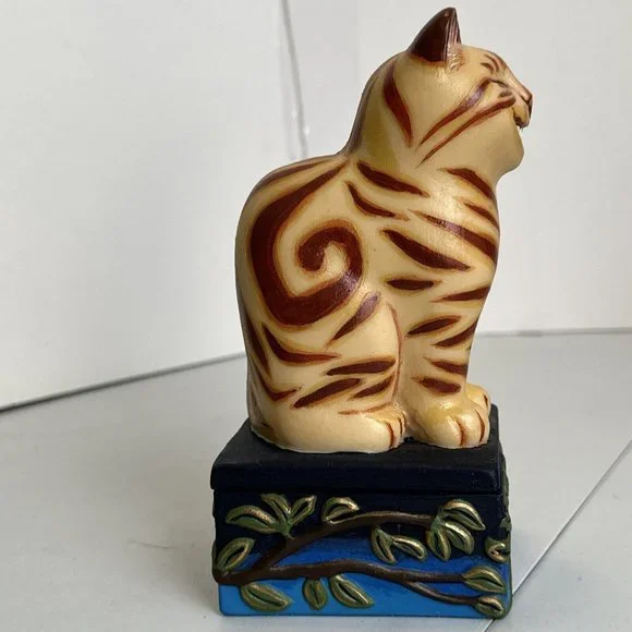 Vintage Cheshire Sphinx Figurine Trinket Box by Tyber Katz 1998 Blue Yellow